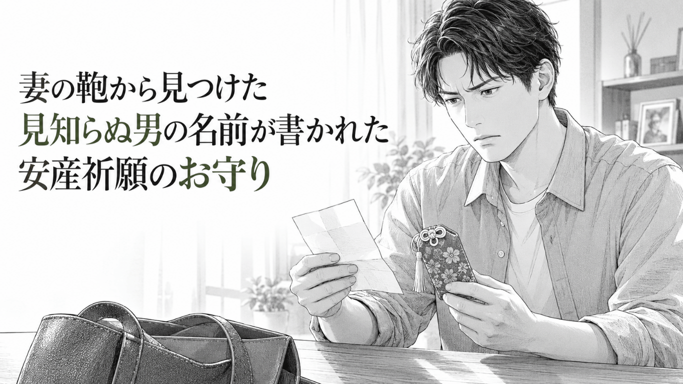 妻の鞄から安産祈願のお守りと祈祷証を見つけ、見知らぬ男の名に沈黙する夫の姿