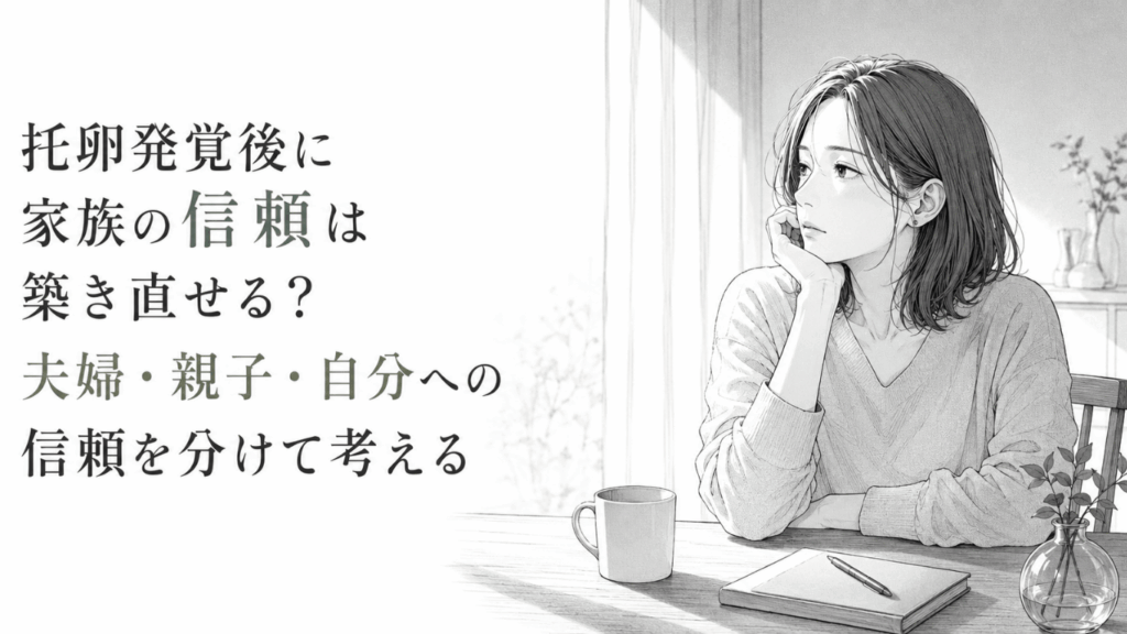 明るい室内で机に向かい、頬杖をつきながら家族との信頼について静かに考える女性の線画イラスト