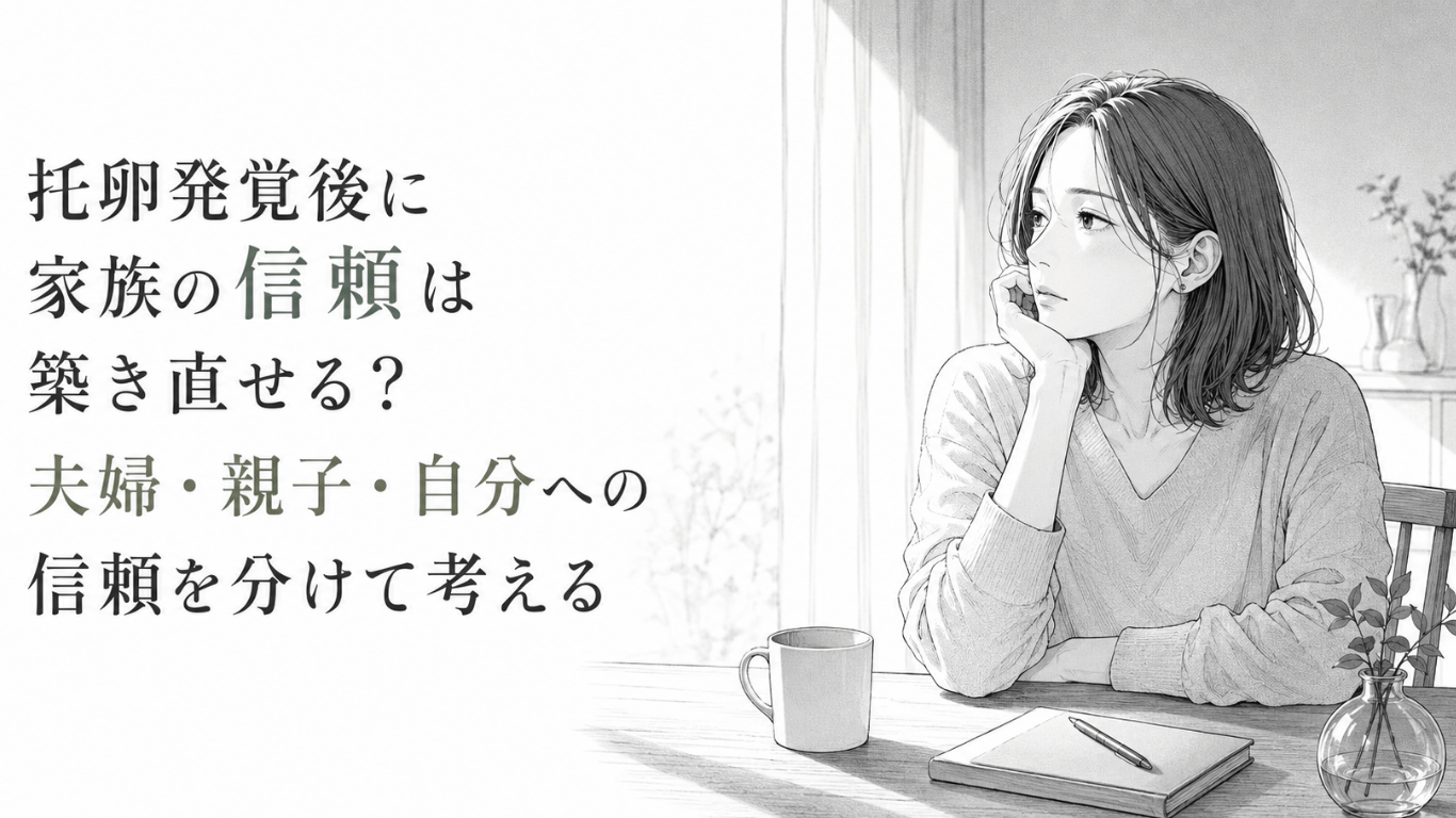 明るい室内で机に向かい、頬杖をつきながら家族との信頼について静かに考える女性の線画イラスト
