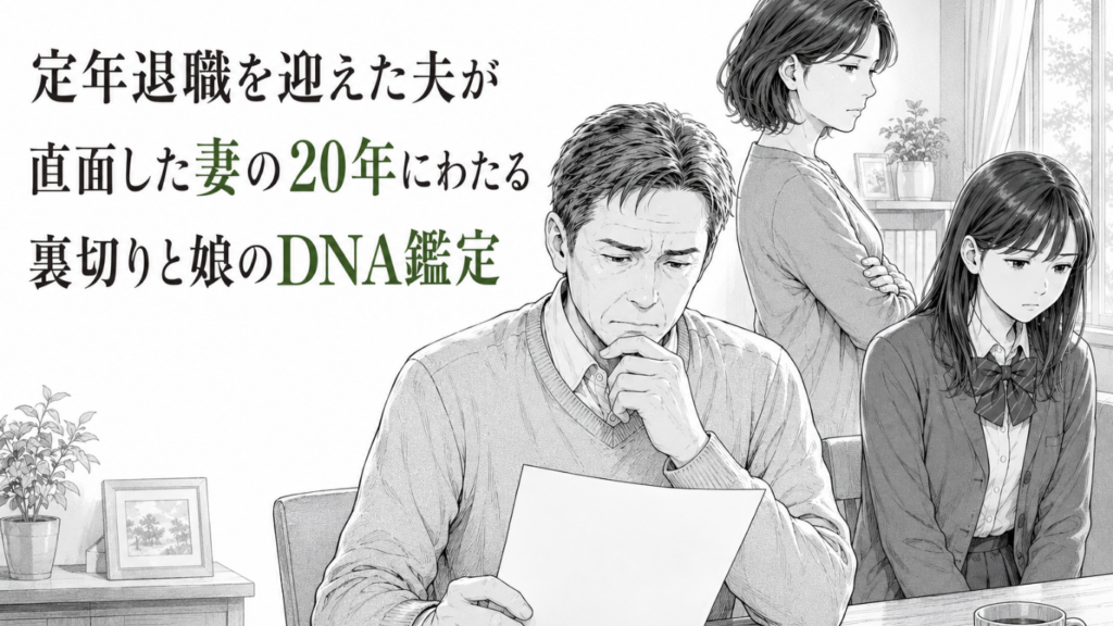 定年退職後、白紙の鑑定書を手に苦悩する夫と、距離を置く妻と娘を描いたモノクロ漫画イラスト