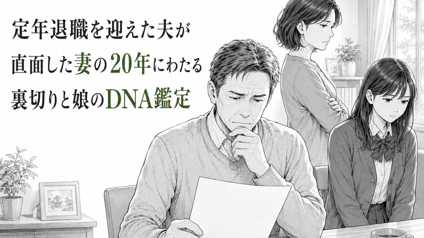 定年退職後、白紙の鑑定書を手に苦悩する夫と、距離を置く妻と娘を描いたモノクロ漫画イラスト