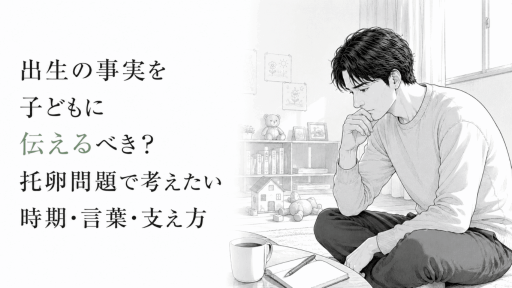 子ども部屋で父親がノートを前に、出生の事実を伝える時期や言葉、支え方を静かに考えている。