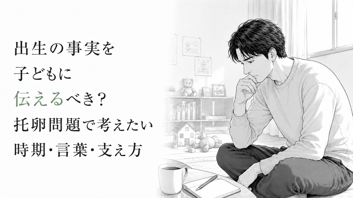 子ども部屋で父親がノートを前に、出生の事実を伝える時期や言葉、支え方を静かに考えている。