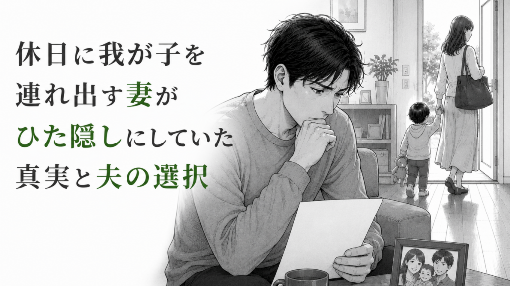 白紙を手に思い悩む夫と、幼い子どもを連れて家を出る妻を描いたモノクロ漫画イラスト