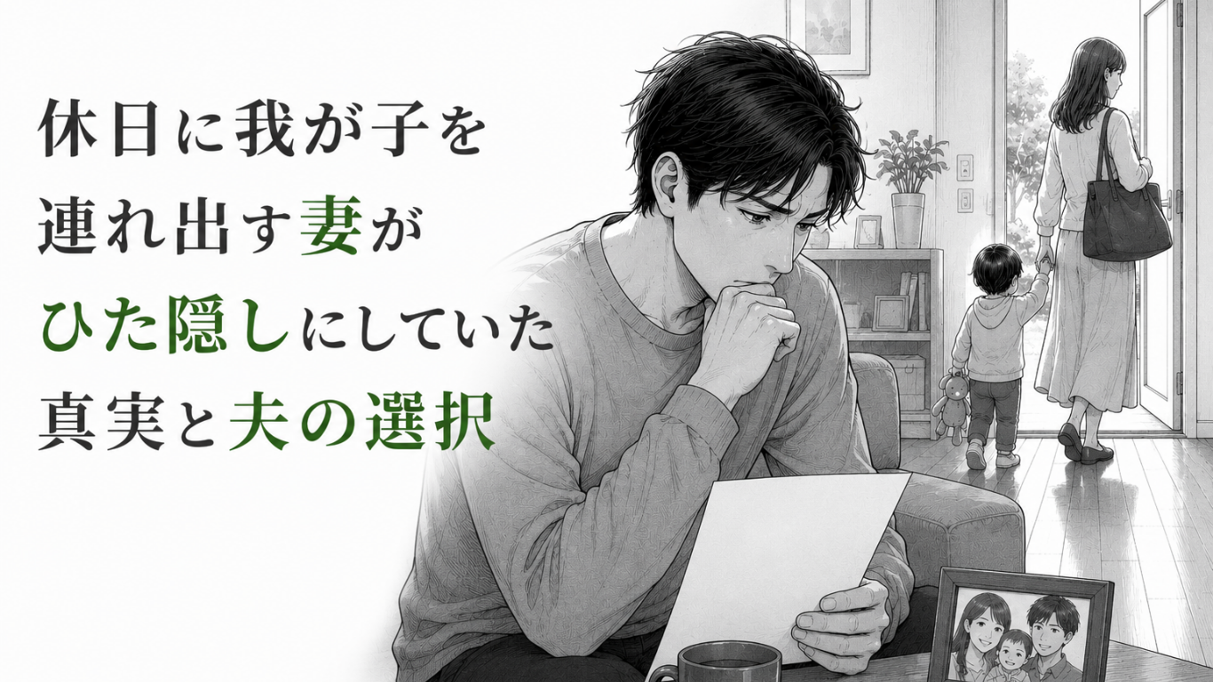 白紙を手に思い悩む夫と、幼い子どもを連れて家を出る妻を描いたモノクロ漫画イラスト