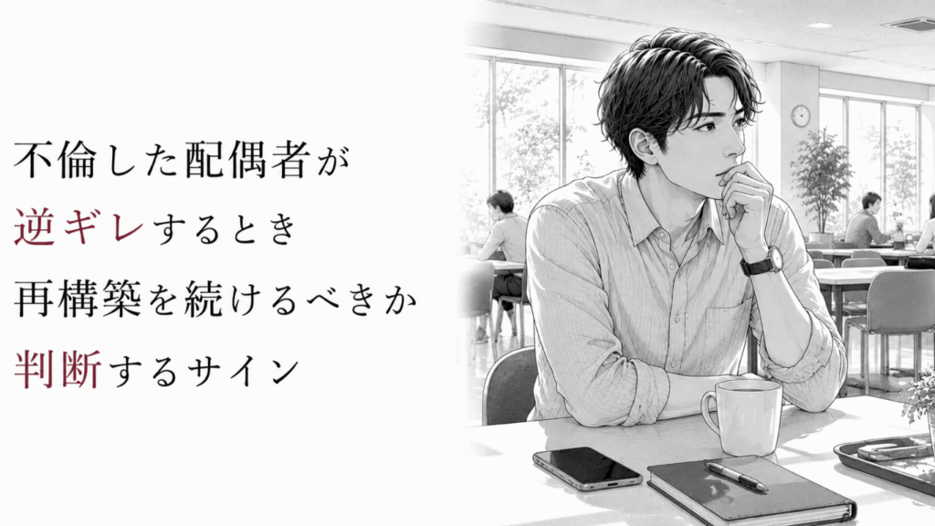 カフェテリアの席で一人考え込む男性を描き、不倫後の再構築を続けるか迷う心情を表したモノクロ線画。