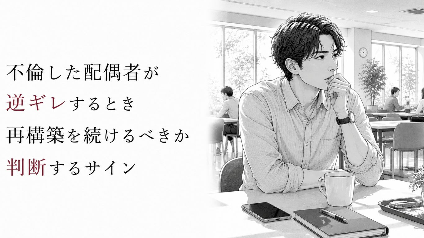 カフェテリアの席で一人考え込む男性を描き、不倫後の再構築を続けるか迷う心情を表したモノクロ線画。