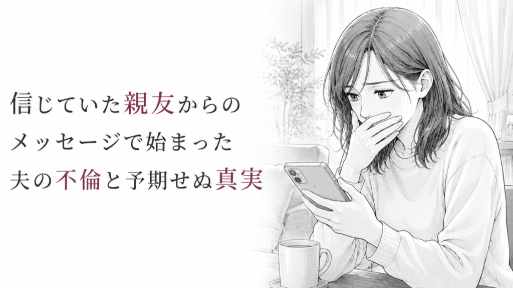 親友から届いたメッセージをスマートフォンで読み、夫の裏切りに衝撃を受ける女性