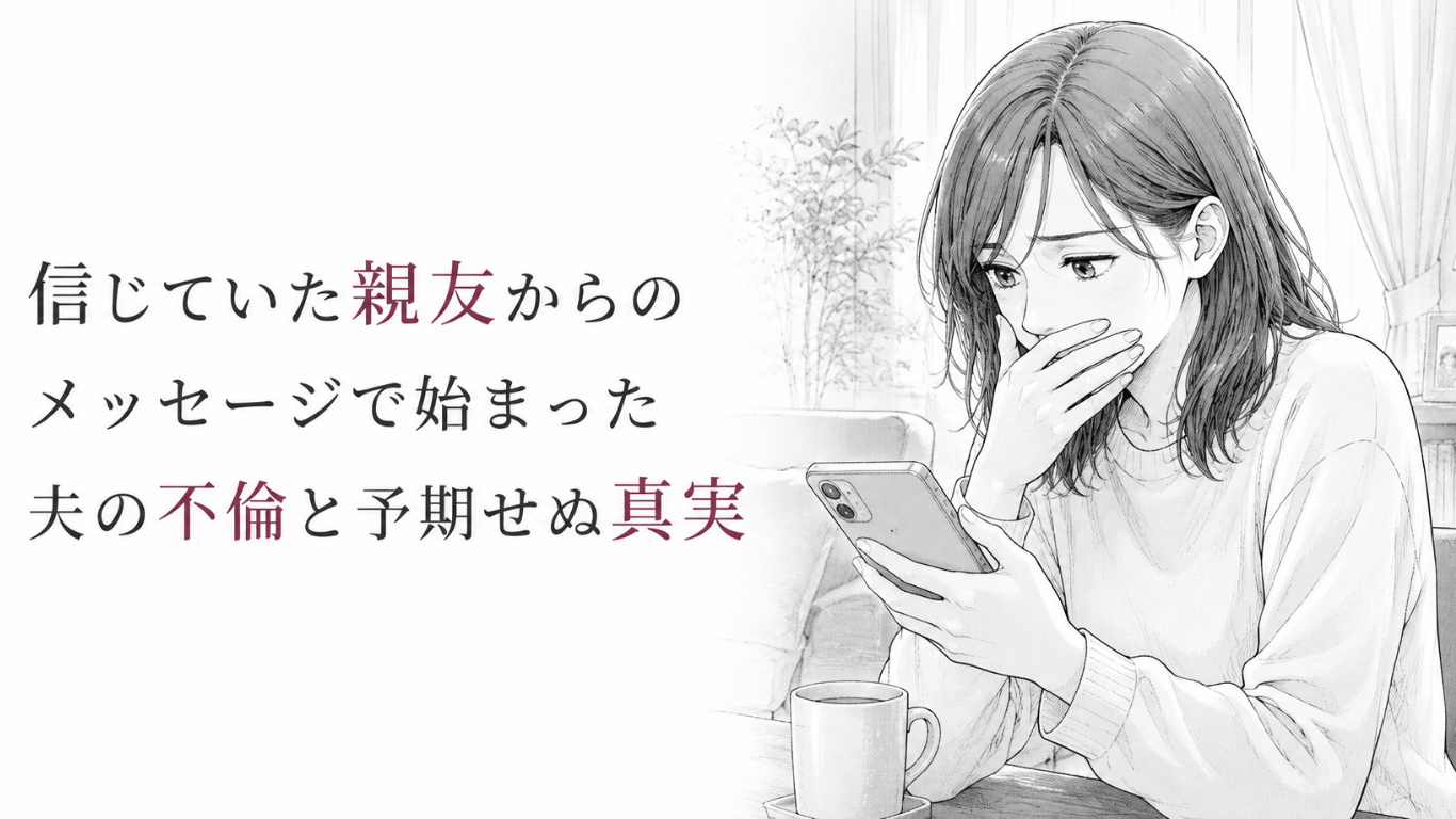 親友から届いたメッセージをスマートフォンで読み、夫の裏切りに衝撃を受ける女性