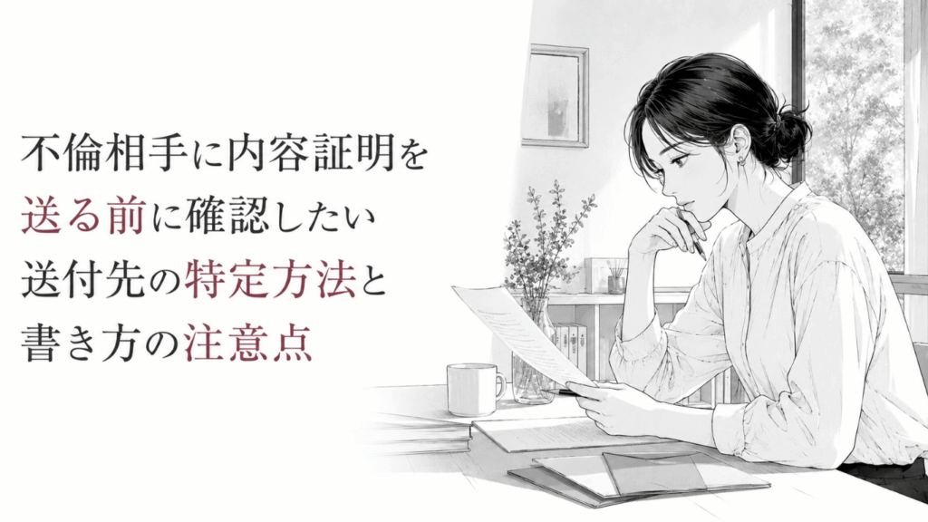 机上の書類を手に、送付先や文面を慎重に確認しながら内容証明の準備を進める女性