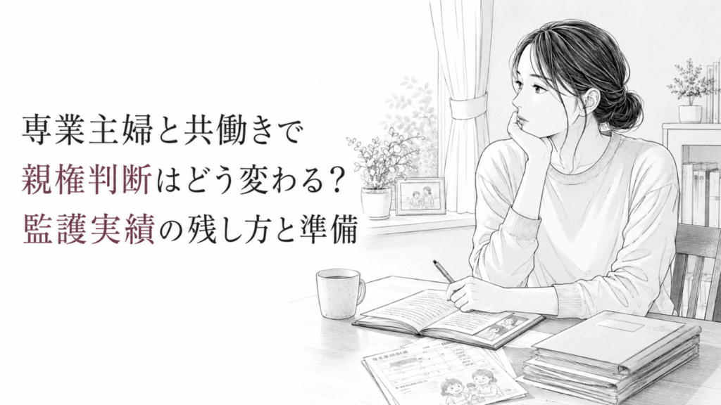 子どもの養育記録を前に、親権と今後の生活について静かに考える女性のモノクロ線画。
