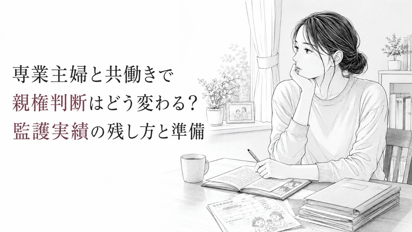 子どもの養育記録を前に、親権と今後の生活について静かに考える女性のモノクロ線画。