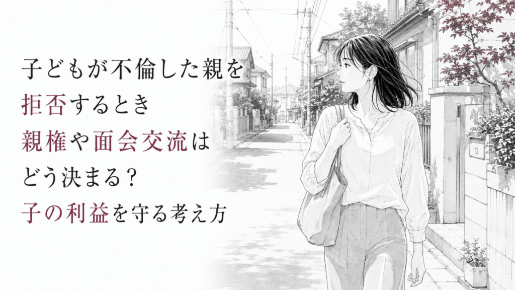 住宅街を歩きながら、不倫した親を拒む子どもの気持ちと今後を静かに考える女性。