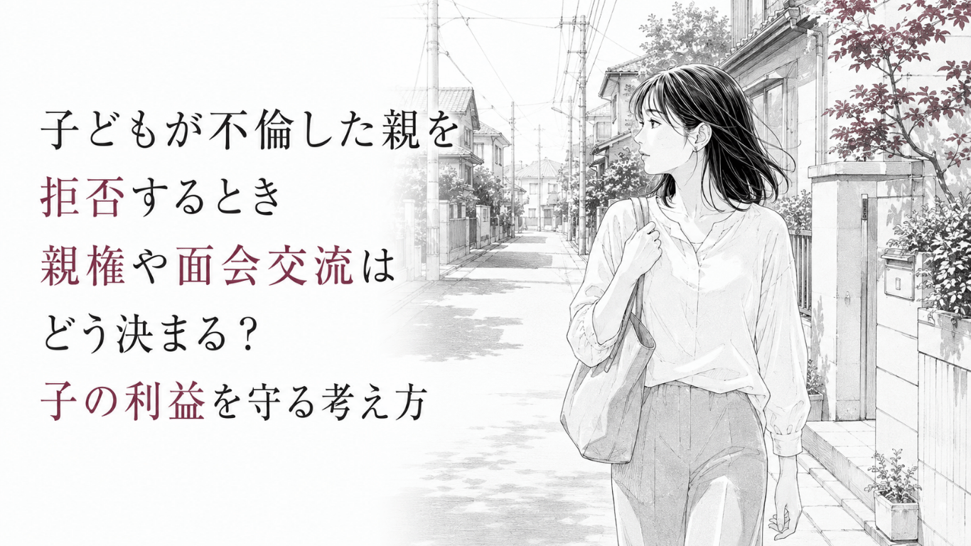 住宅街を歩きながら、不倫した親を拒む子どもの気持ちと今後を静かに考える女性。