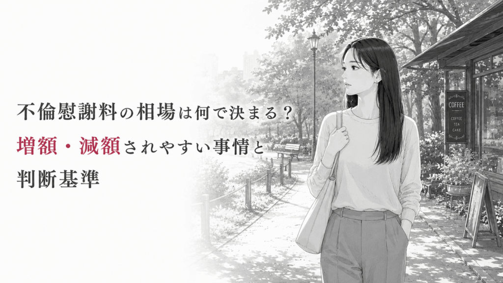 ストレートヘアの女性が公園を歩きながら、不倫慰謝料の増額・減額要因と判断基準を考える場面