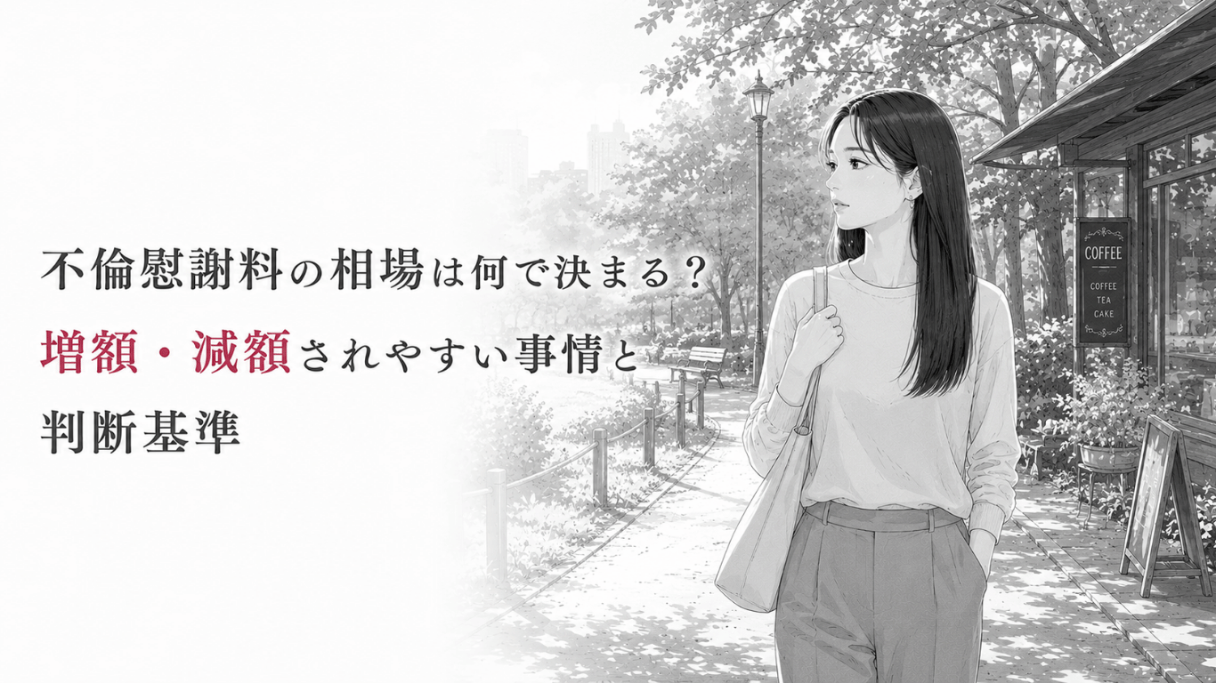 ストレートヘアの女性が公園を歩きながら、不倫慰謝料の増額・減額要因と判断基準を考える場面