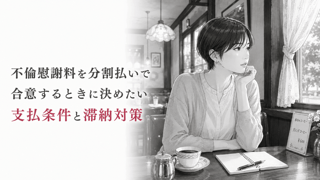 昔ながらの喫茶店でショートヘアの女性がノートを前に、慰謝料の分割条件と滞納対策を考える場面