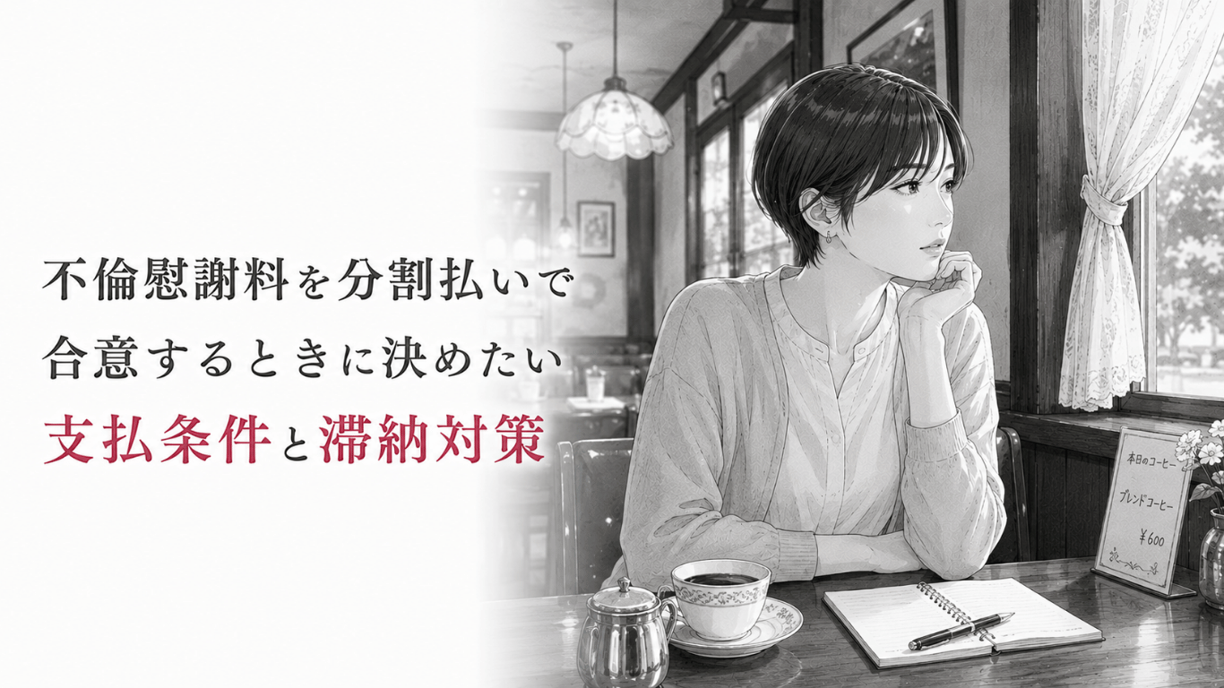 昔ながらの喫茶店でショートヘアの女性がノートを前に、慰謝料の分割条件と滞納対策を考える場面