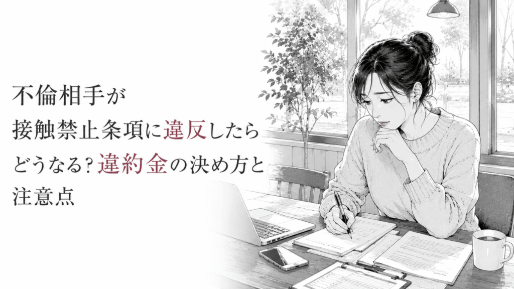 カフェのテーブルで書類を確認しながら、接触禁止違反への対応や違約金の条件を慎重に整理する女性