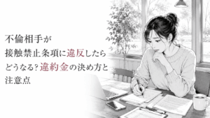 カフェのテーブルで書類を確認しながら、接触禁止違反への対応や違約金の条件を慎重に整理する女性