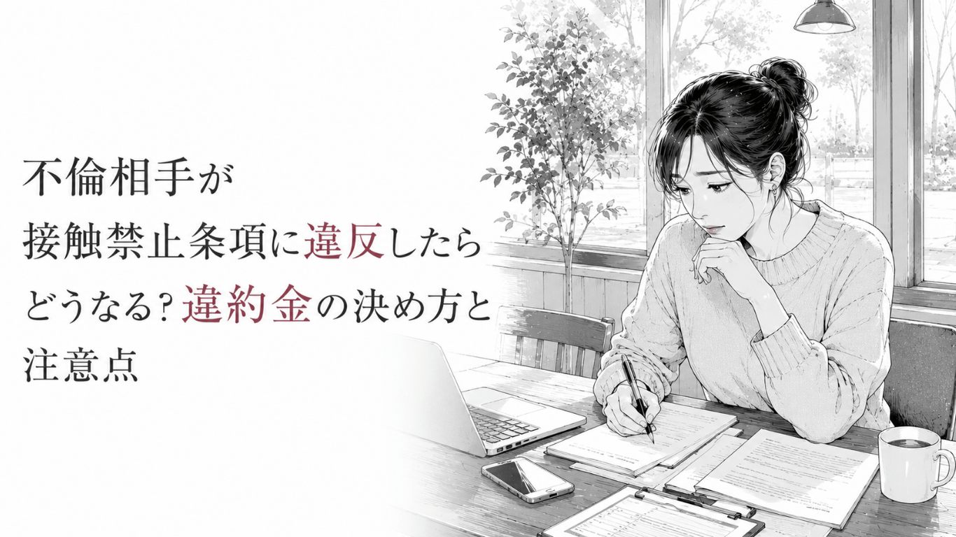 カフェのテーブルで書類を確認しながら、接触禁止違反への対応や違約金の条件を慎重に整理する女性