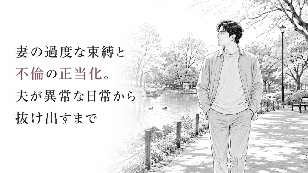 池のある公園を一人で歩き、束縛された結婚生活を振り返りながら再出発へ向かう男性の姿