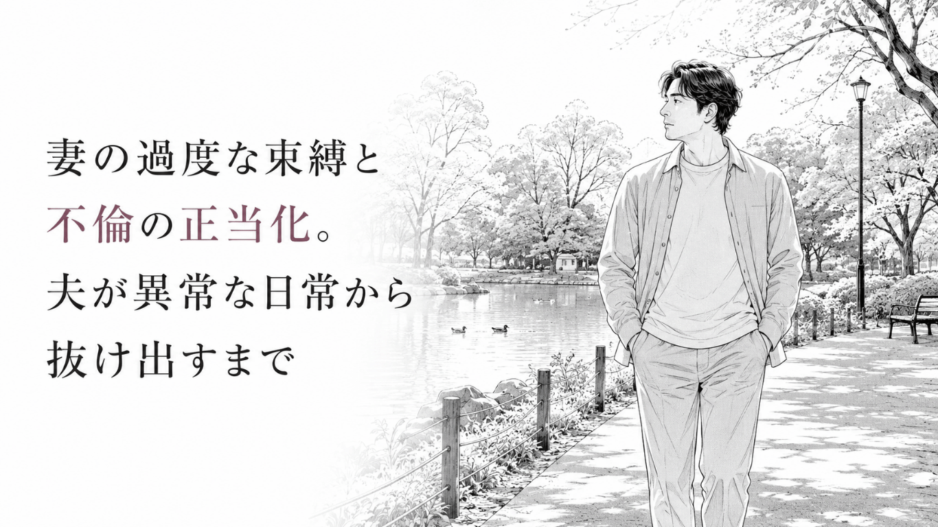 池のある公園を一人で歩き、束縛された結婚生活を振り返りながら再出発へ向かう男性の姿