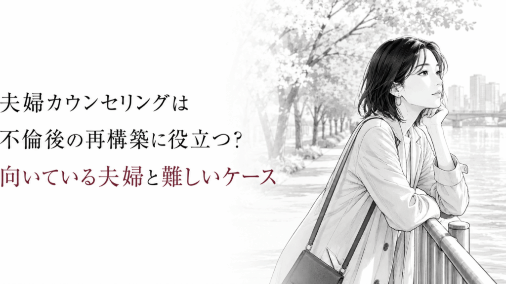 川沿いで静かに考え込む女性が、不倫後の夫婦関係を立て直す可能性と迷いを見つめる様子