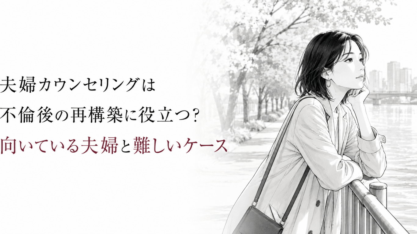 川沿いで静かに考え込む女性が、不倫後の夫婦関係を立て直す可能性と迷いを見つめる様子