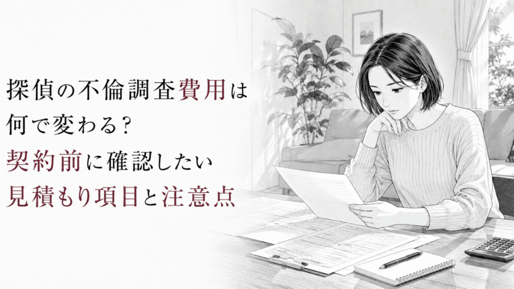 不倫調査の見積書を手に、費用の内訳や契約条件を慎重に確認する女性の様子