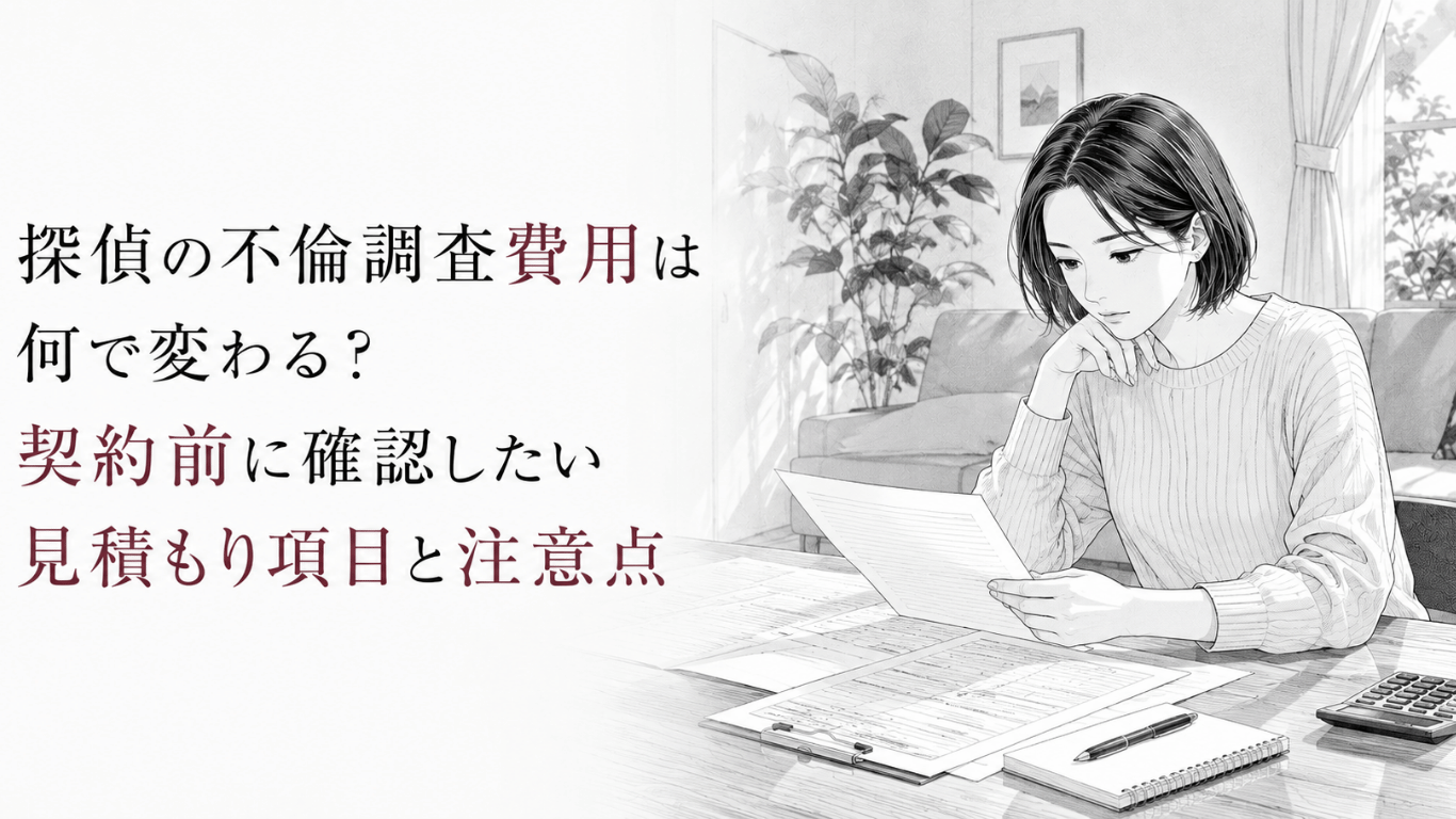 不倫調査の見積書を手に、費用の内訳や契約条件を慎重に確認する女性の様子