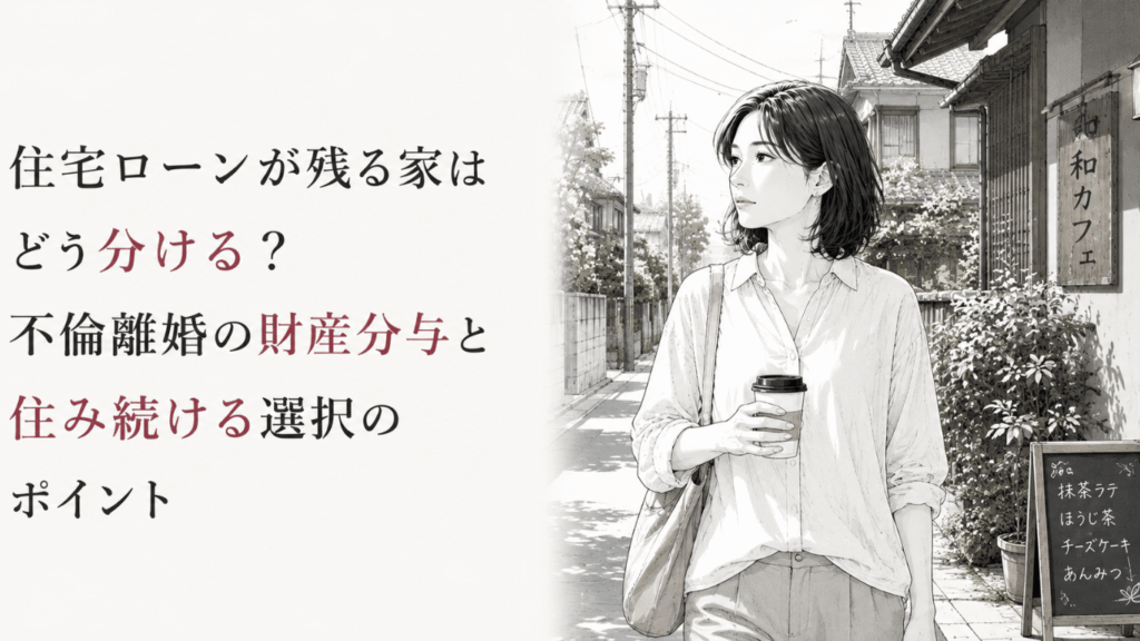 住宅街を歩く女性が、住宅ローンの残る家の財産分与と住み続ける選択を考えるモノクロ線画