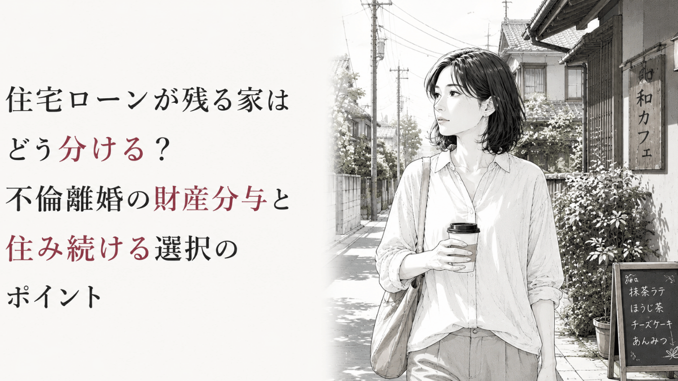 住宅街を歩く女性が、住宅ローンの残る家の財産分与と住み続ける選択を考えるモノクロ線画
