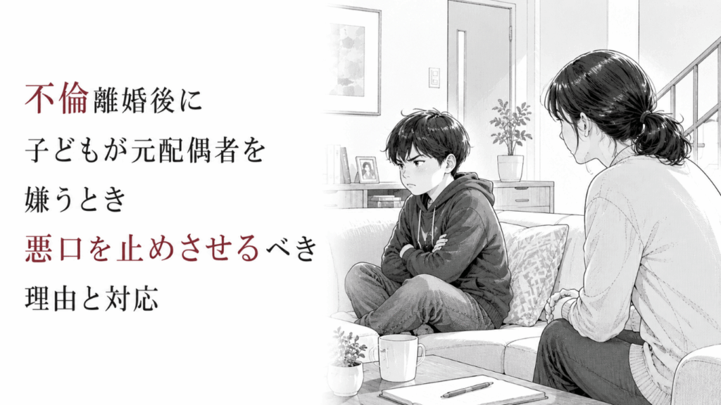 元配偶者への怒りを抱えて腕を組む子どもと、少し距離を取りながら静かに見守る母親を描いたモノクロ漫画イラスト