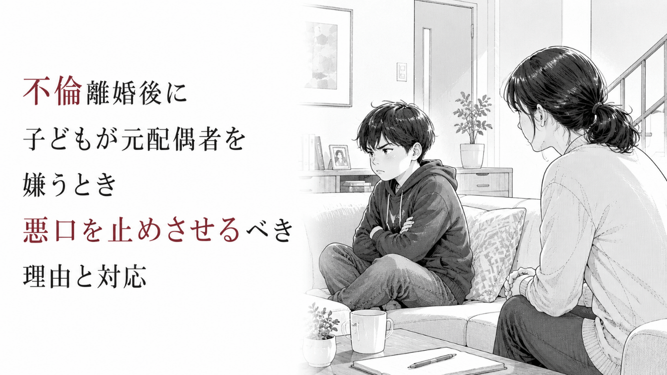 元配偶者への怒りを抱えて腕を組む子どもと、少し距離を取りながら静かに見守る母親を描いたモノクロ漫画イラスト