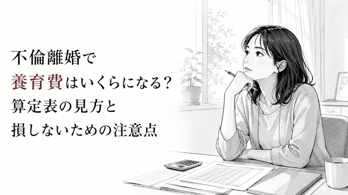 不倫離婚後の養育費を検討する女性が、算定表や電卓を前に静かに考え込むモノクロ漫画イラスト