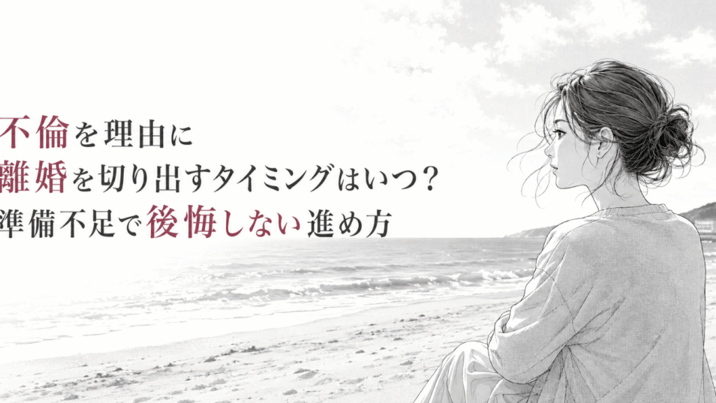 浜辺で海を見つめながら、不倫による離婚の決断と今後の準備を静かに考える女性のモノクロ線画