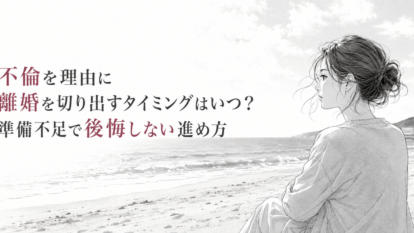浜辺で海を見つめながら、不倫による離婚の決断と今後の準備を静かに考える女性のモノクロ線画