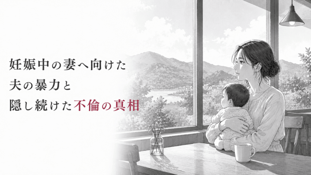 山を望むカフェで赤ちゃんを抱く女性が、暴力と不倫を乗り越えた後の静かな日常を見つめる場面