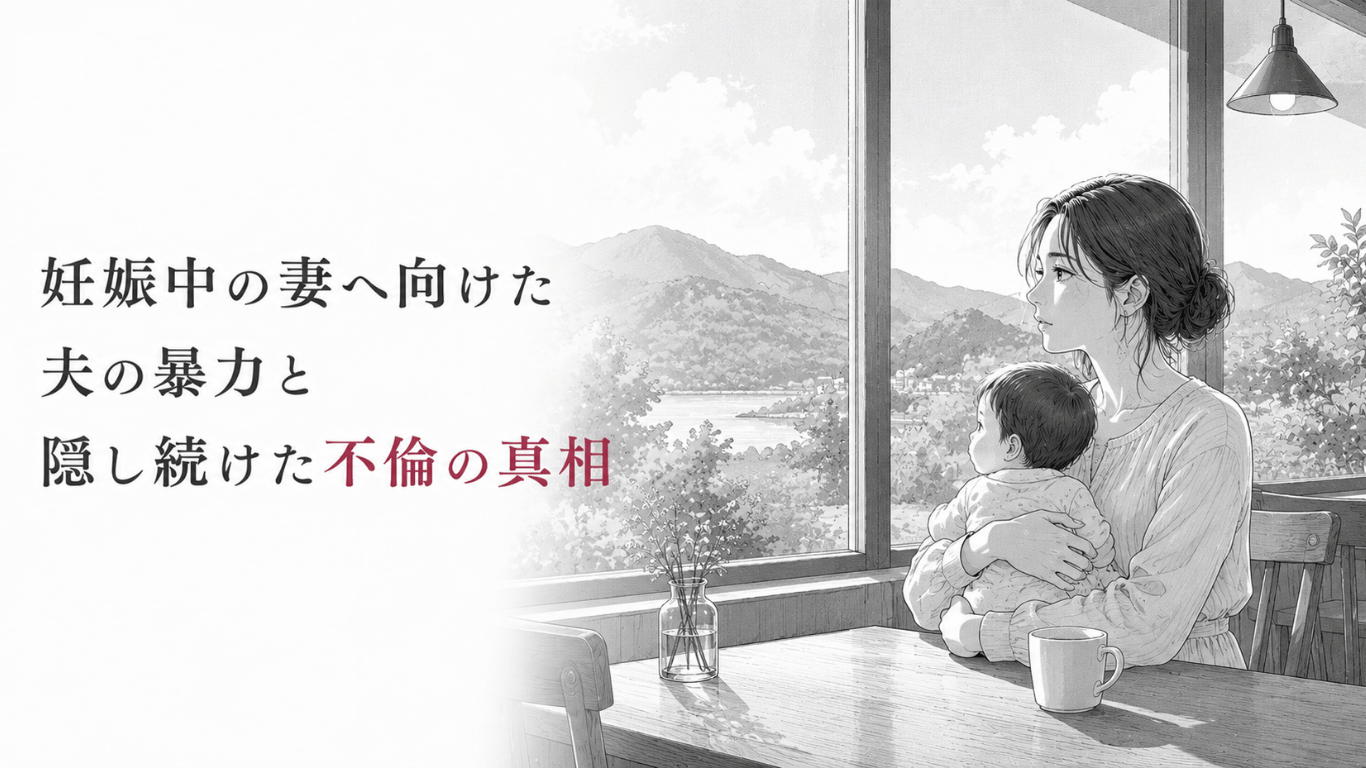 山を望むカフェで赤ちゃんを抱く女性が、暴力と不倫を乗り越えた後の静かな日常を見つめる場面