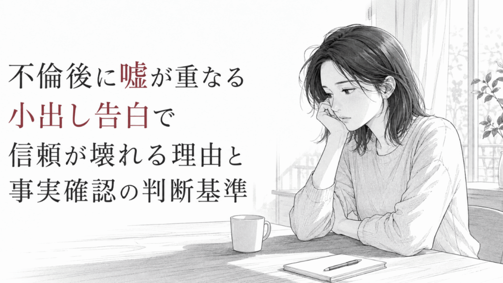 不倫後の小出し告白で信頼を失い、テーブルに座って沈んだ表情で考え込む女性のモノクロ線画イラスト