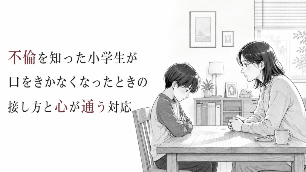 不倫を知ってうつむき沈黙する小学生と、向かい側で急かさず静かに見守る母親を描いたモノクロ漫画イラスト