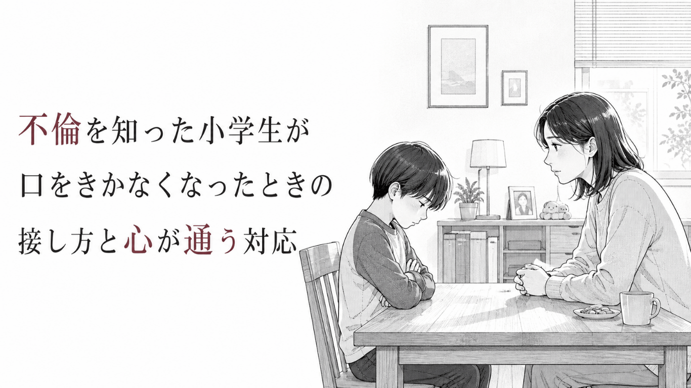 不倫を知ってうつむき沈黙する小学生と、向かい側で急かさず静かに見守る母親を描いたモノクロ漫画イラスト