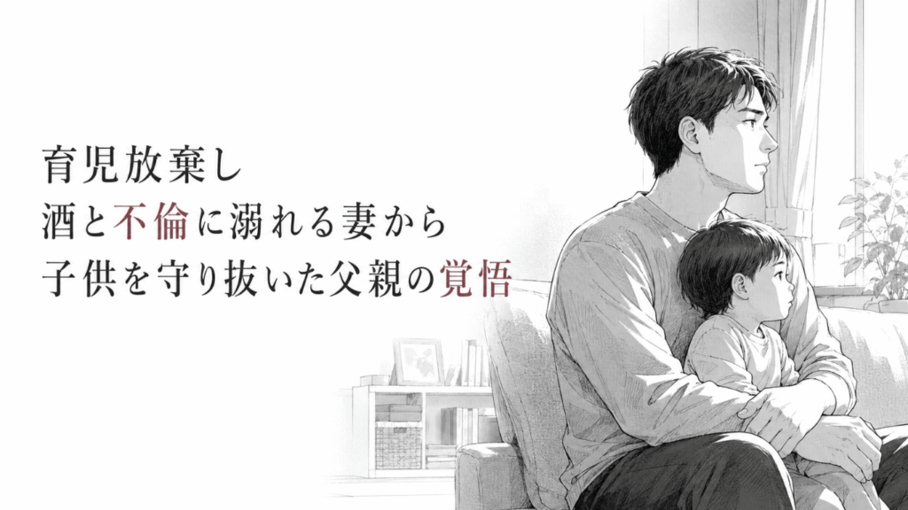 明るい居間のソファで、幼い子を抱き寄せながら静かに前を見据える父親の決意を描いたモノクロ線画。