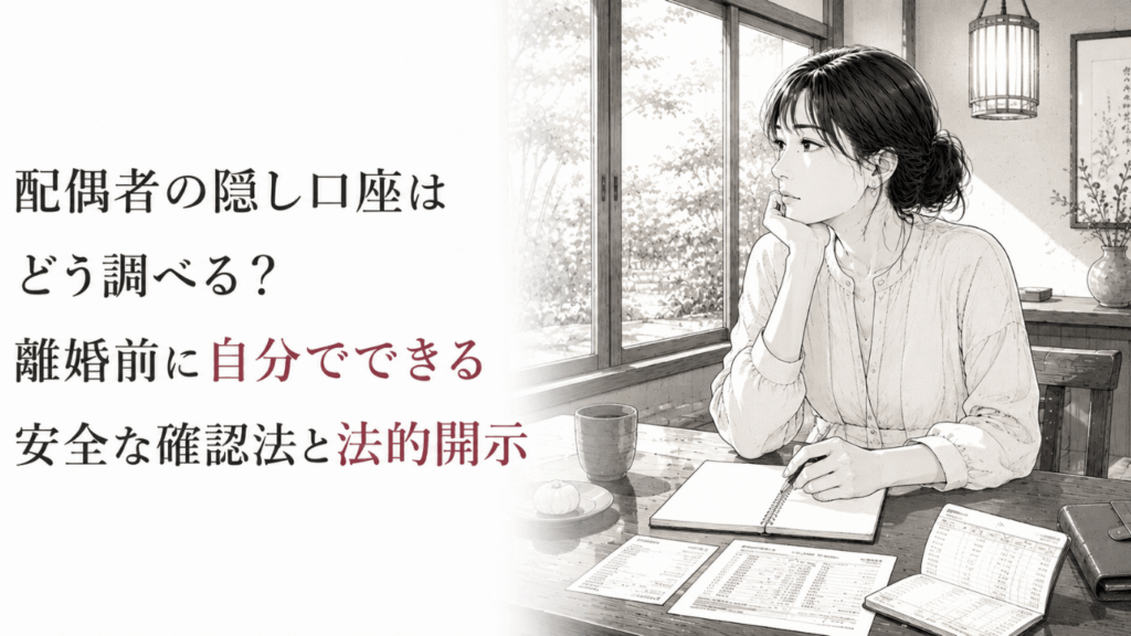 和風カフェで通帳や明細を確認しながら、配偶者の隠し口座を安全に調べる方法を考える女性