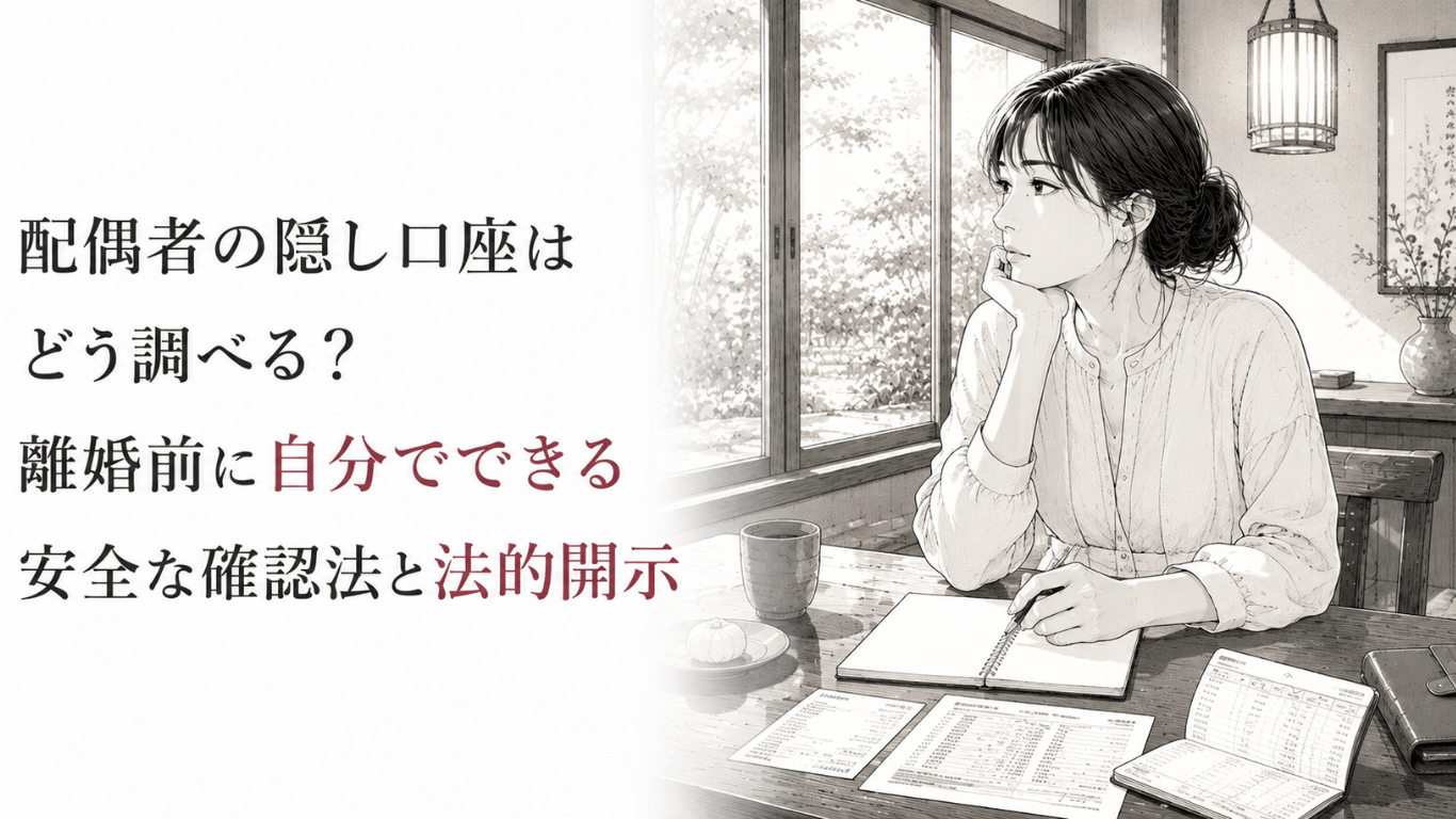 和風カフェで通帳や明細を確認しながら、配偶者の隠し口座を安全に調べる方法を考える女性
