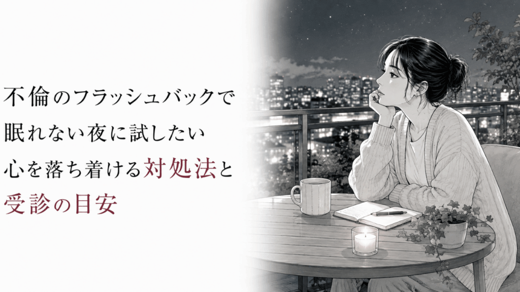 夜のバルコニーで一人静かに過ごし、不倫の記憶による不安と眠れない苦しさを落ち着けようとする女性