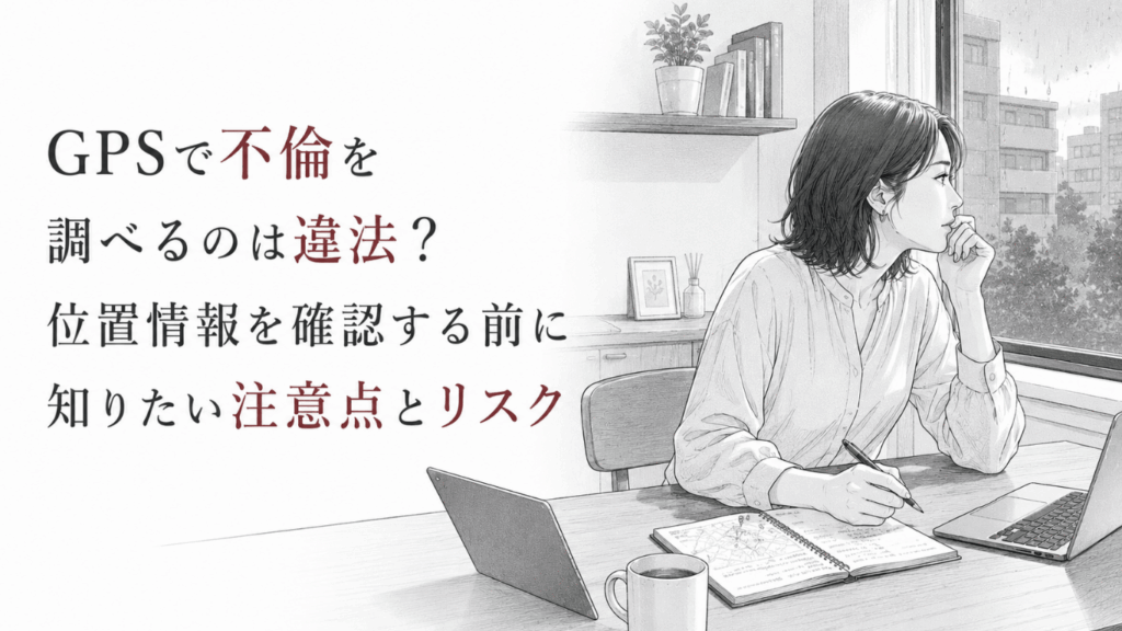 雨の窓辺で位置情報の確認について考えながら、ノートに記録を整理する女性。