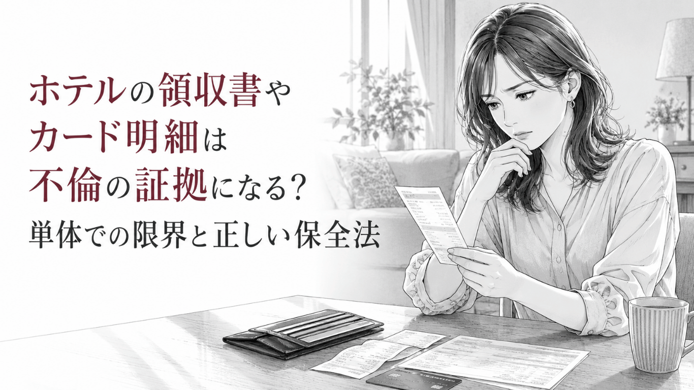 ホテルの領収書やカード明細を手に、証拠としての意味と保全方法を静かに考える女性。
