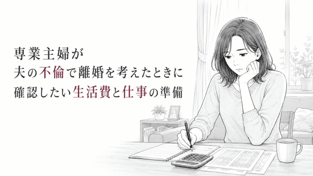 離婚後の暮らしを見据え、食卓で家計資料と電卓を前に仕事と生活費を整理する女性。